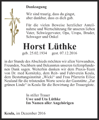 Traueranzeige von Horst Lüthke von Thüringer Allgemeine, Thüringische Landeszeitung