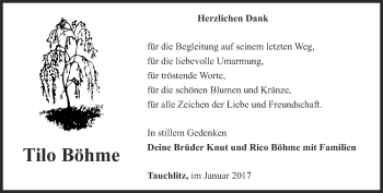 Traueranzeige von Tilo Böhme von Ostthüringer Zeitung