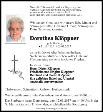 Traueranzeige von Dorothea Klöppner von Thüringer Allgemeine