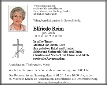 Traueranzeige von Elfriede Reim von Thüringer Allgemeine