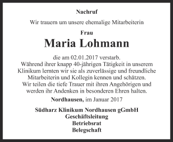 Traueranzeige von Maria Lohmann von Thüringer Allgemeine