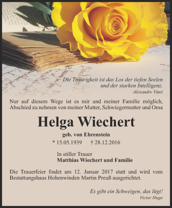 Traueranzeige von Helga Wiechert von Thüringer Allgemeine, Thüringische Landeszeitung