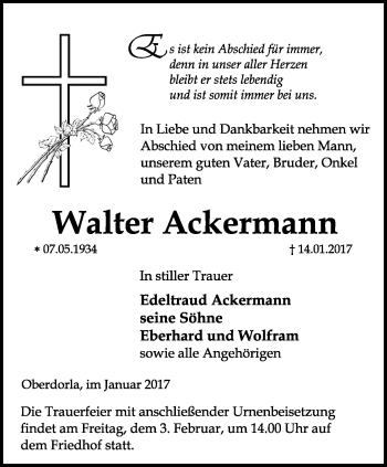 Traueranzeige von Walter Ackermann von Thüringer Allgemeine, Thüringische Landeszeitung