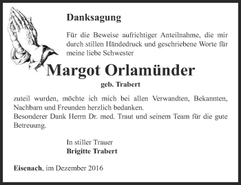 Traueranzeige von Margot Orlamünder von Thüringer Allgemeine, Thüringische Landeszeitung
