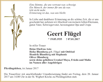 Traueranzeige von Geert Flügel von Ostthüringer Zeitung, Thüringische Landeszeitung