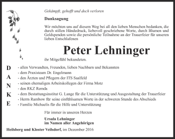 Traueranzeige von Peter Lehninger von Ostthüringer Zeitung