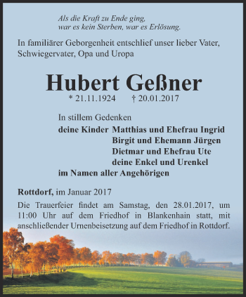 Traueranzeige von Hubert Geßner von Thüringer Allgemeine, Thüringische Landeszeitung