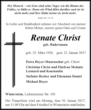Traueranzeige von Renate Christ von Ostthüringer Zeitung, Thüringische Landeszeitung