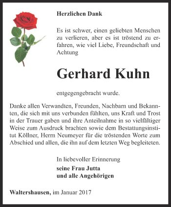 Traueranzeige von Gerhard Kuhn von Ostthüringer Zeitung, Thüringische Landeszeitung