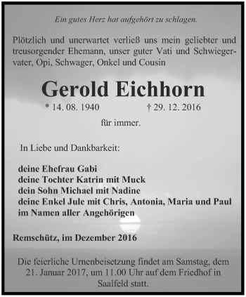Traueranzeige von Gerold Eichhorn von Ostthüringer Zeitung