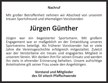 Traueranzeige von Jürgen Günther von Thüringer Allgemeine