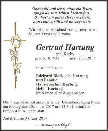 Traueranzeige von Gertrud Hartung von Thüringer Allgemeine