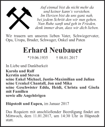 Traueranzeige von Erhard Neubauer von Thüringer Allgemeine, Thüringische Landeszeitung