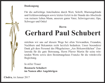 Traueranzeige von Gerhard Paul Schubert von Ostthüringer Zeitung