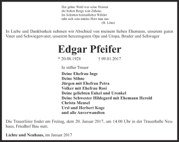 Traueranzeige von Edgar Pfeifer von Ostthüringer Zeitung