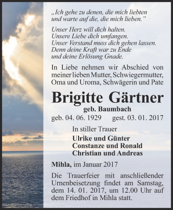 Traueranzeige von Brigitte Gärtner von Thüringer Allgemeine, Thüringische Landeszeitung