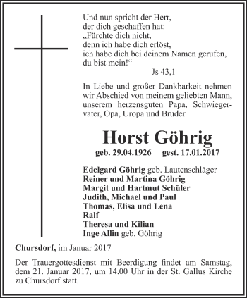 Traueranzeige von Horst Göhrig von Ostthüringer Zeitung