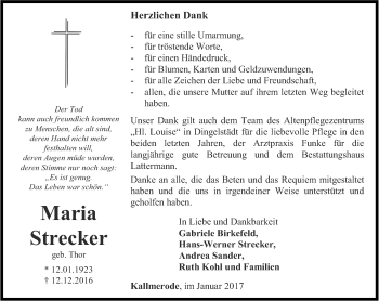 Traueranzeige von Maria Strecker von Thüringer Allgemeine