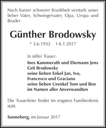 Traueranzeige von Günther Brodowsky von Thüringer Allgemeine, Thüringische Landeszeitung