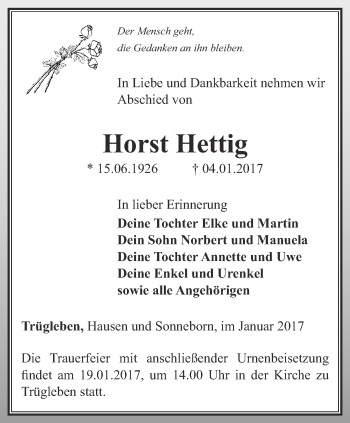 Traueranzeige von Horst Hettig von Ostthüringer Zeitung, Thüringische Landeszeitung