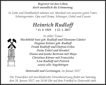 Traueranzeige von Heinrich Rudloff von Thüringer Allgemeine, Thüringische Landeszeitung