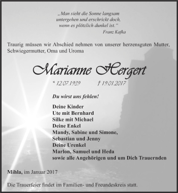 Traueranzeige von Marianne Hergert von Thüringer Allgemeine, Thüringische Landeszeitung