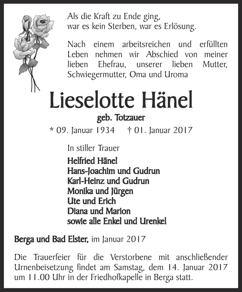  Traueranzeige für Lieselotte Hänel vom 06.01.2017 aus Ostthüringer Zeitung