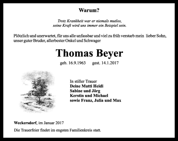 Traueranzeige von Thomas Beyer von Ostthüringer Zeitung