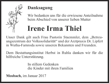 Traueranzeige von Irene Irma Thiel von Thüringer Allgemeine, Thüringische Landeszeitung