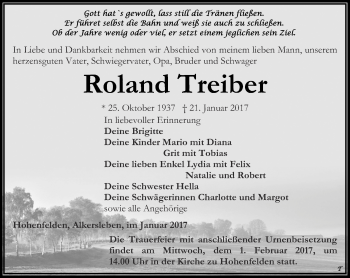 Traueranzeige von Roland Treiber von Thüringer Allgemeine, Thüringische Landeszeitung