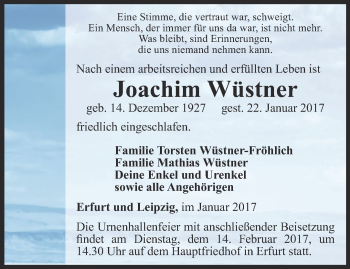 Traueranzeige von Joachim Wüstner von Thüringer Allgemeine, Thüringische Landeszeitung