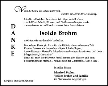 Traueranzeige von Isolde Brohm von Thüringer Allgemeine, Thüringische Landeszeitung