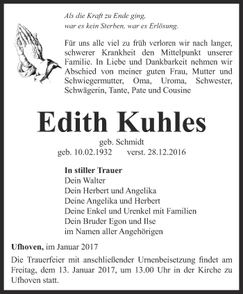 Traueranzeige von Edith Kuhles von Thüringer Allgemeine, Thüringische Landeszeitung