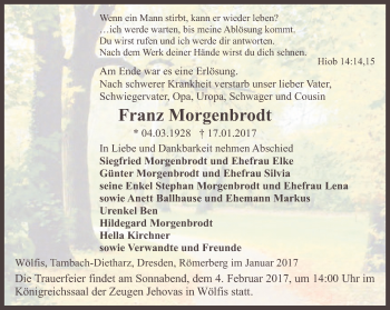 Traueranzeige von Franz Morgenbrodt von Ostthüringer Zeitung, Thüringische Landeszeitung
