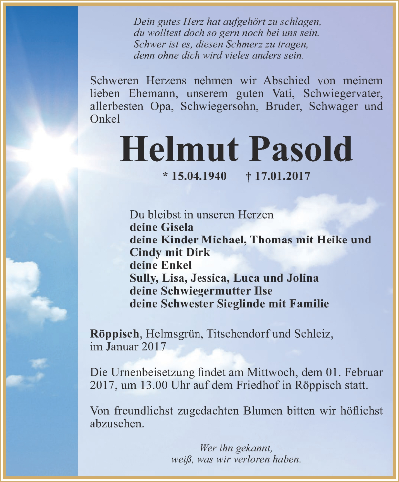  Traueranzeige für Helmut Pasold vom 28.01.2017 aus Ostthüringer Zeitung