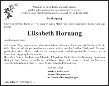 Traueranzeige von Elisabeth Hornung von Ostthüringer Zeitung