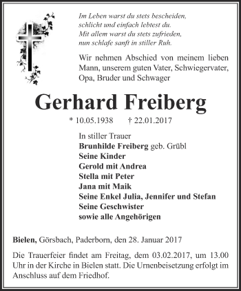 Traueranzeige von Gerhard Freiberg von Thüringer Allgemeine