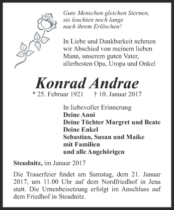 Traueranzeige von Konrad Andrae von Ostthüringer Zeitung, Thüringische Landeszeitung