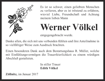 Traueranzeige von Werner Völkel von Ostthüringer Zeitung, Thüringische Landeszeitung