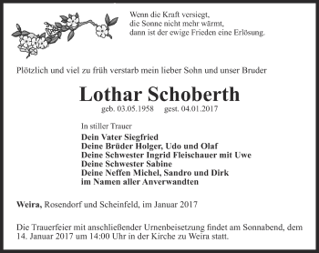 Traueranzeige von Lothar Schoberth von Ostthüringer Zeitung