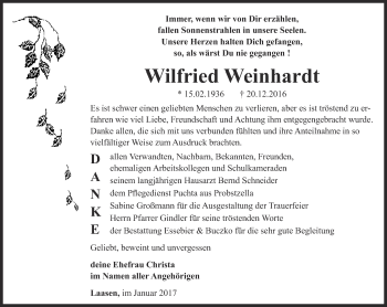 Traueranzeige von Wilfried Weinhardt von Ostthüringer Zeitung