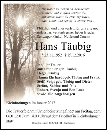 Traueranzeige von Hans Täubig  von Thüringer Allgemeine