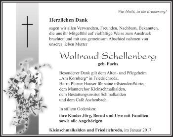 Traueranzeige von Waltrraud Schellenberg von Ostthüringer Zeitung, Thüringische Landeszeitung