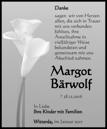 Traueranzeige von Margot Bärwolf von Thüringer Allgemeine, Thüringische Landeszeitung