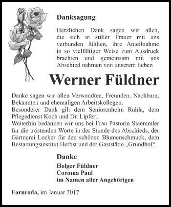 Traueranzeige von Werner Füldner von Thüringer Allgemeine, Thüringische Landeszeitung