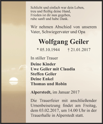 Traueranzeige von Wolfgang Geiler von Thüringer Allgemeine