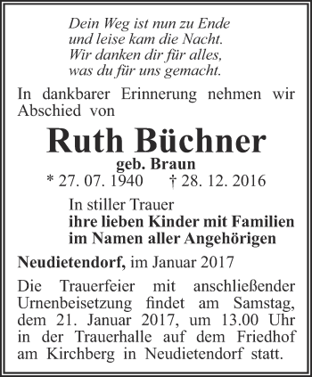 Traueranzeige von Ruth Büchner von Thüringer Allgemeine, Thüringische Landeszeitung