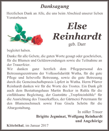 Traueranzeige von Else Reinhardt von Thüringer Allgemeine, Thüringische Landeszeitung
