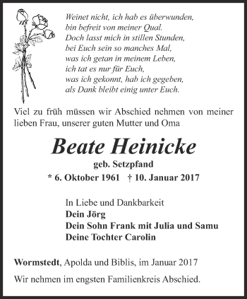 Traueranzeige von Beate Heinicke von Thüringer Allgemeine, Thüringische Landeszeitung