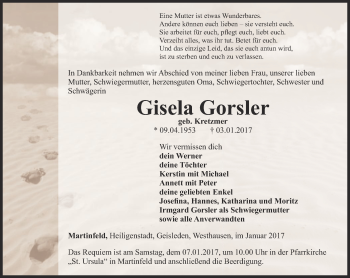 Traueranzeige von Gisela Gorsler von Thüringer Allgemeine